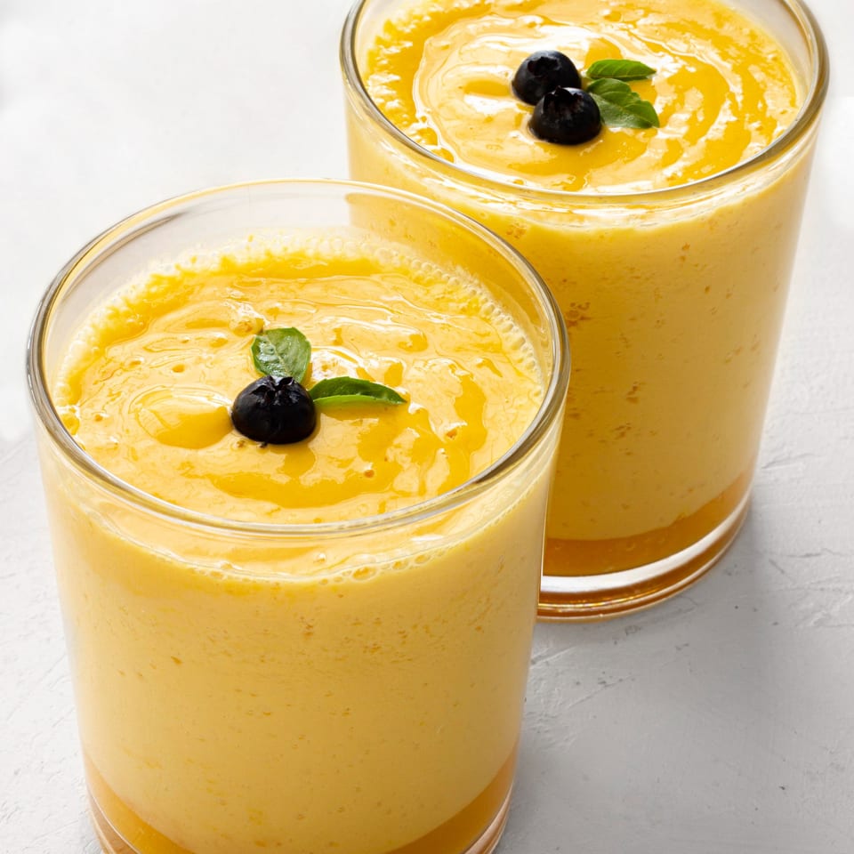 Two glasses of vibrant yellow mango lassi, garnished with blueberries and mint leaves.